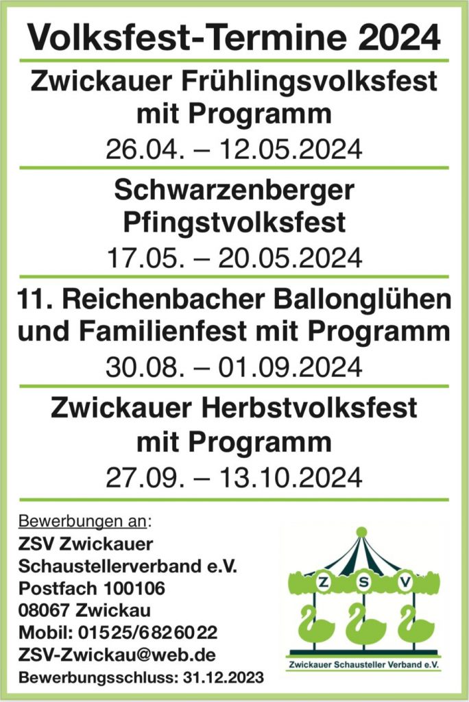 Termine des Zwickauer Schaustellerverbandes 2024. Bewerben Sie sich jetzt bis zum 31.12.2023!
